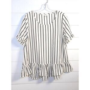 NWOT Umgee Women's Striped Ruffle Short Sleeve Blouse Black White Medium